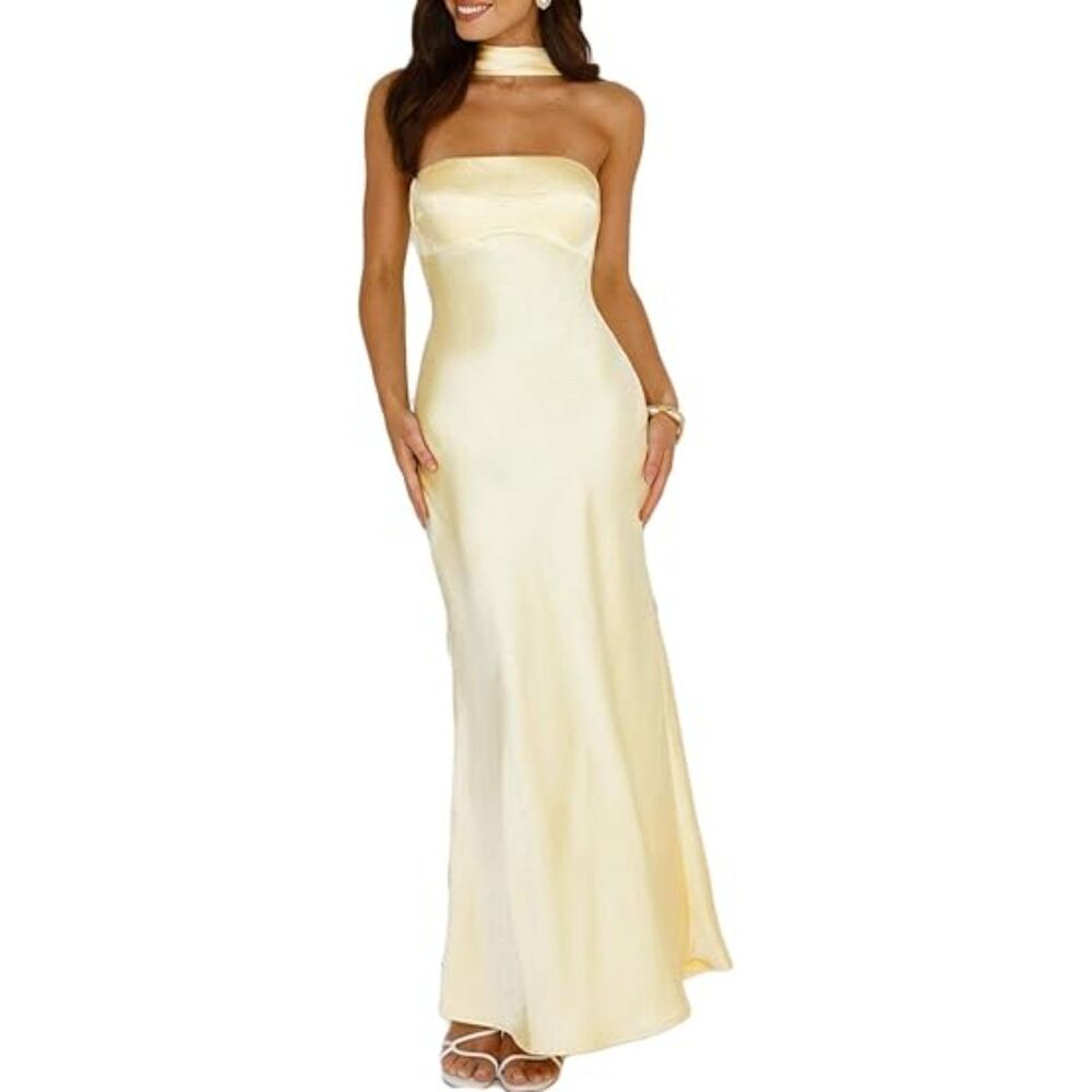 Satin Strapless Elegant Silk Backless Halter Neck Dresses, XL, 4N-149D007